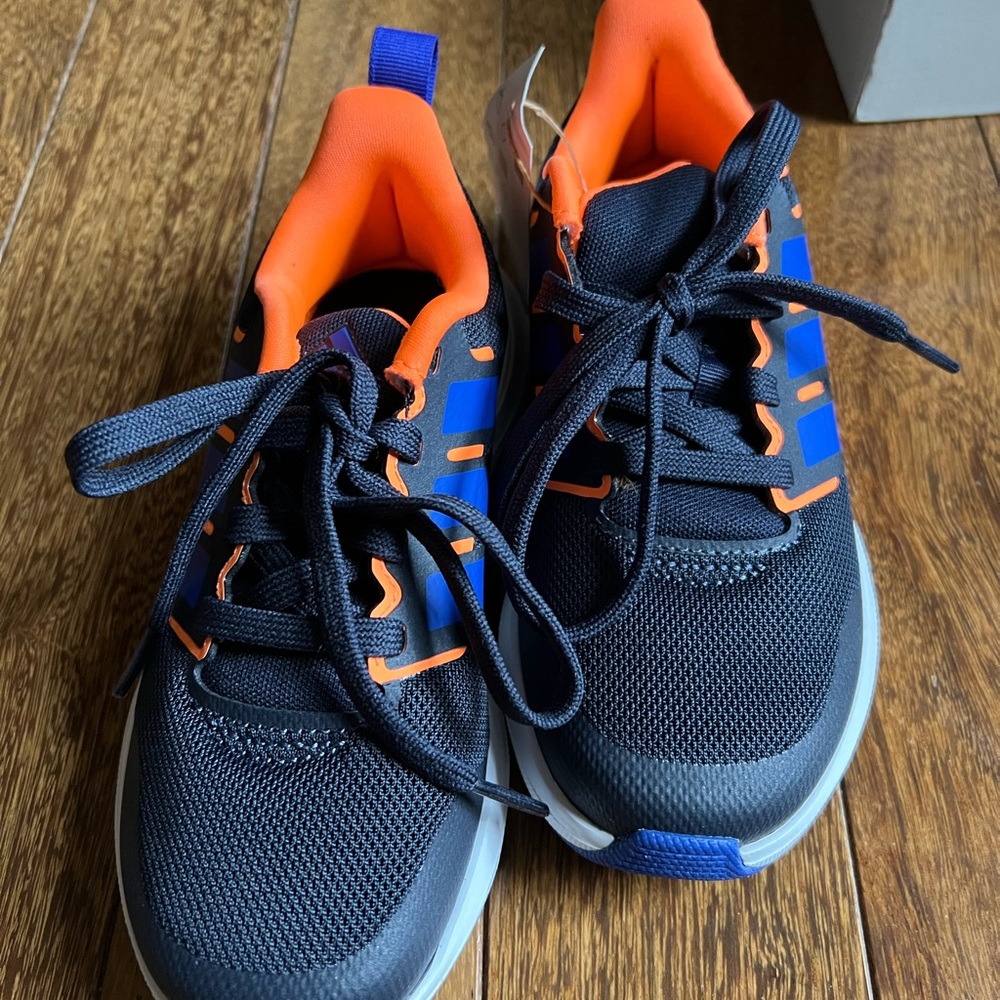 Adidas Kids NWT Black and Blue Sneakers with Orange Accents size 12 - Picture 2 of 6